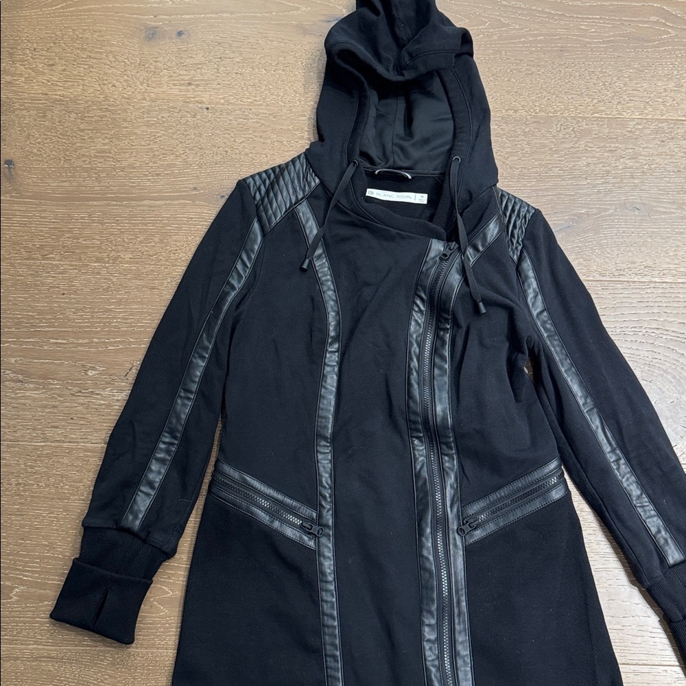 Blanc Noir Black Moto Hooded Jacket Faux Leather Trim Size M - Picture 2 of 8
